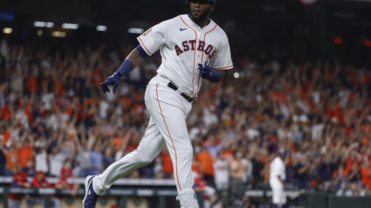 Apr 18, 2022; Houston, Texas, USA; Houston Astros designated hitter Yordan Alvarez (44) points to the dugout after hitting a home run during the seventh inning against the Los Angeles Angels at Minute Maid Park. Mandatory Credit: Troy Taormina-USA TODAY Sports