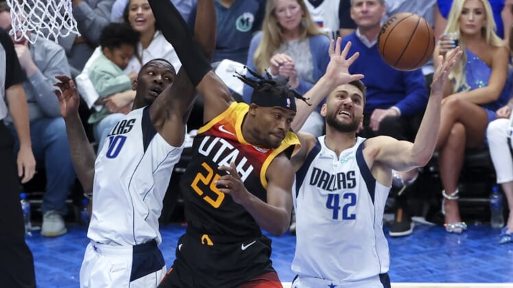 Apr 18, 2022; Dallas, Texas, USA; Dallas Mavericks forward Maxi Kleber (42) grabs a rebound in front of Utah Jazz forward Danuel House Jr. (25) during the second half in game two of the first round of the 2022 NBA playoffs at American Airlines Center. Mandatory Credit: Kevin Jairaj-USA TODAY Sports