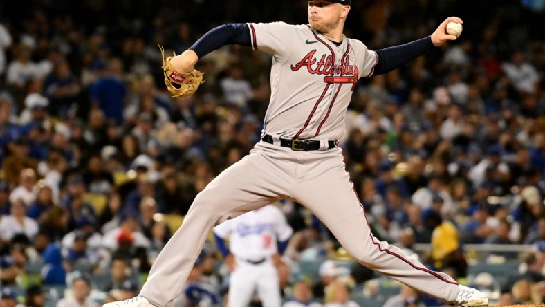 Apr 18, 2022; Los Angeles, California, USA; Atlanta Braves relief pitcher Sean Newcomb (15) throws in the fifth inning against the Los Angeles Dodgers at Dodger Stadium. Mandatory Credit: Richard Mackson-USA TODAY Sports