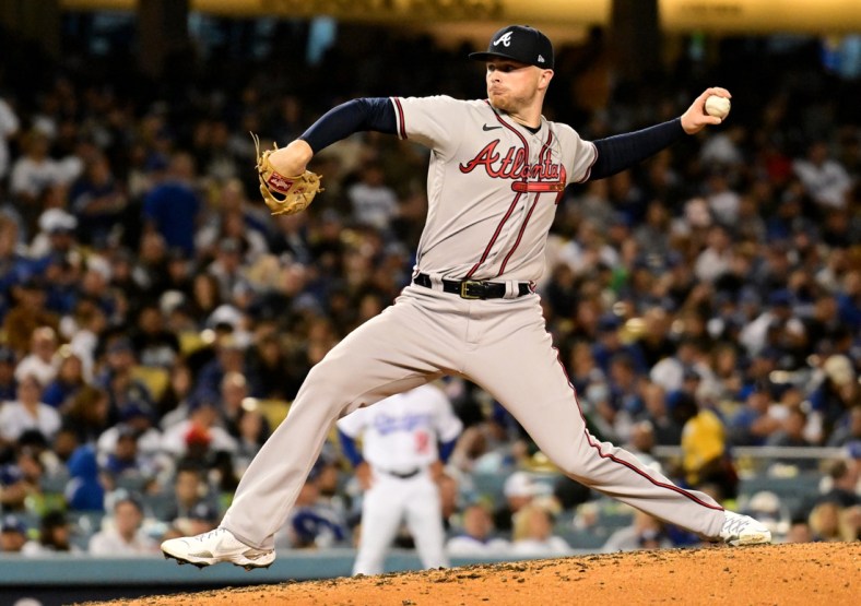 Apr 18, 2022; Los Angeles, California, USA; Atlanta Braves relief pitcher Sean Newcomb (15) throws in the fifth inning against the Los Angeles Dodgers at Dodger Stadium. Mandatory Credit: Richard Mackson-USA TODAY Sports