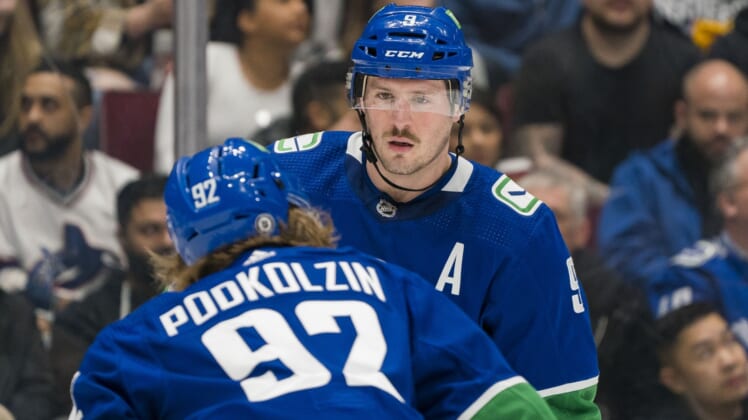 Apr 18, 2022; Vancouver, British Columbia, CAN; Vancouver Canucks forward J.T. Miller (9) talks with Vasily Podkolzin (92) before the faceoff against the Dallas Stars in the first period at Rogers Arena. Mandatory Credit: Bob Frid-USA TODAY Sports