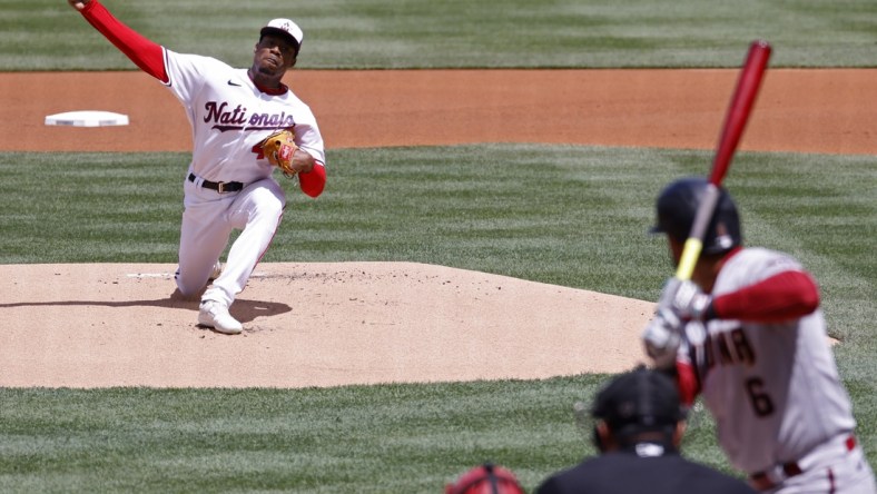 Apr 19, 2022; Washington, District of Columbia, USA; Washington Nationals starting pitcher Josiah Gray (40) pitches against Arizona Diamondbacks left fielder David Peralta (6) during the first inning at Nationals Park. Mandatory Credit: Geoff Burke-USA TODAY Sports