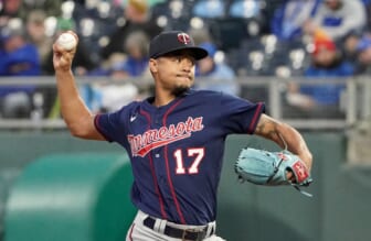 Apr 19, 2022; Kansas City, Missouri, USA; Minnesota Twins starting pitcher Chris Archer (17) delivers a pitch against the Kansas City Royals in the first inning at Kauffman Stadium. Mandatory Credit: Denny Medley-USA TODAY Sports