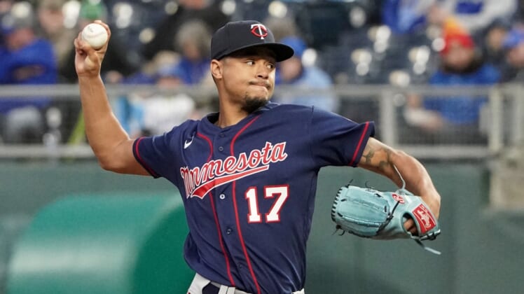 Apr 19, 2022; Kansas City, Missouri, USA; Minnesota Twins starting pitcher Chris Archer (17) delivers a pitch against the Kansas City Royals in the first inning at Kauffman Stadium. Mandatory Credit: Denny Medley-USA TODAY Sports