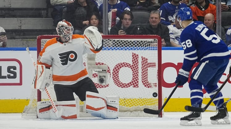 Apr 19, 2022; Toronto, Ontario, CAN; A shot by Toronto Maple Leafs forward William Nylander (not pictured) scores on Philadelphia Flyers goaltender Martin Jones (35) during the second period at Scotiabank Arena. Mandatory Credit: John E. Sokolowski-USA TODAY Sports