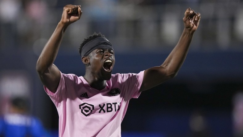 Apr 19, 2022; Miami, Florida, USA; Inter Miami CF defender Aim  Mabika (12) celebrates after defeating Miami FC at Riccardo Silva Stadium. Mandatory Credit: Eric Espada-USA TODAY Sports