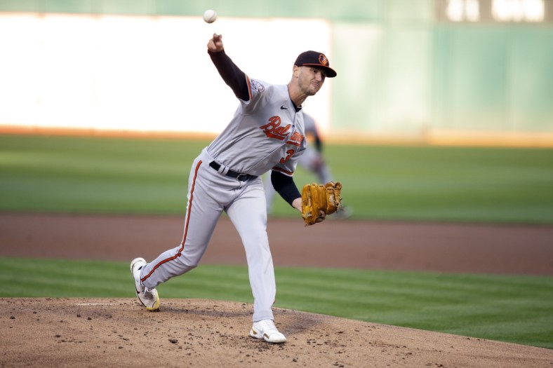 Apr 19, 2022; Oakland, California, USA; Baltimore Orioles pitcher Chris Ellis (39) delivers a pitch against the Oakland Athletics during the first inning at RingCentral Coliseum. Mandatory Credit: D. Ross Cameron-USA TODAY Sports