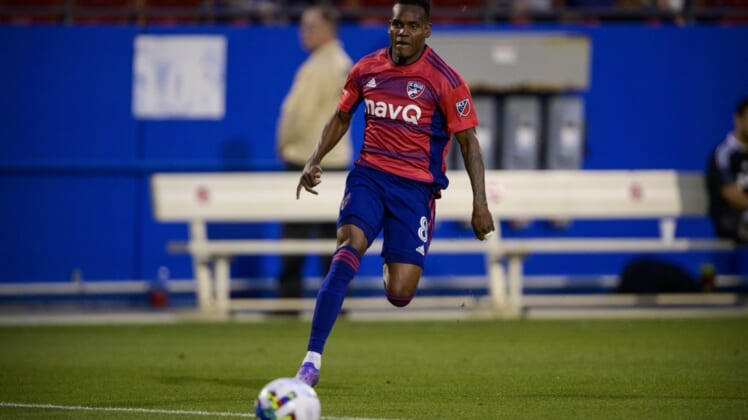 Apr 19, 2022; Frisco, Texas, USA; FC Dallas forward Jader Obrian (8) chases the ball during the first half against the Tulsa Roughnecks FC at Toyota Stadium. Mandatory Credit: Jerome Miron-USA TODAY Sports