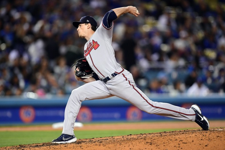 Apr 19, 2022; Los Angeles, California, USA; Atlanta Braves starting pitcher Max Fried (54) throws against the Los Angeles Dodgers during the fifth inning at Dodger Stadium. Mandatory Credit: Gary A. Vasquez-USA TODAY Sports