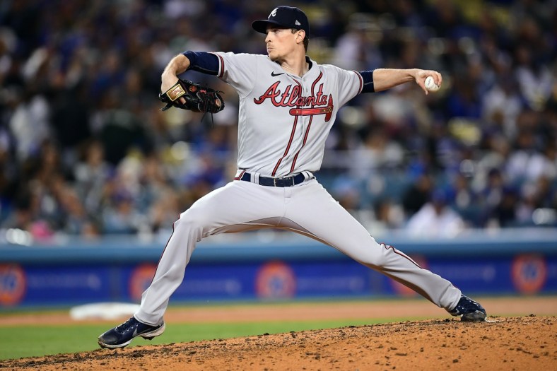 Apr 19, 2022; Los Angeles, California, USA; Atlanta Braves starting pitcher Max Fried (54) throws against the Los Angeles Dodgers during the fifth inning at Dodger Stadium. Mandatory Credit: Gary A. Vasquez-USA TODAY Sports