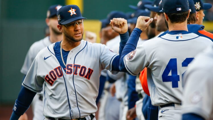 Apr 15, 2022; Seattle, Washington, USA; Houston Astros first baseman Yuli Gurriel (10) greets teammates during introductions before a game against the Seattle Mariners at T-Mobile Park. Mandatory Credit: Joe Nicholson-USA TODAY Sports