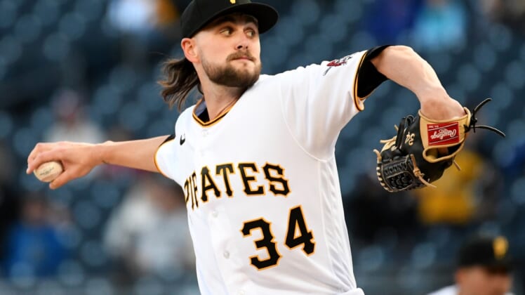 Apr 14, 2022; Pittsburgh, Pennsylvania, USA;  Pittsburgh Pirates starting pitcher JT Brubaker (34) throws a pitch in the first inning against the Washington Nationals at PNC Park. Mandatory Credit: Philip G. Pavely-USA TODAY Sports