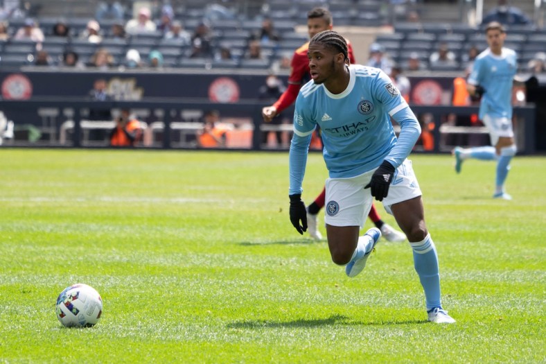 Apr 17, 2022; New York, New York, USA;New York City FC defender Tayvon Gray (24) chases the ball against the Real Salt Lake during the second half at Yankee Stadium. Mandatory Credit: Gregory Fisher-USA TODAY Sports