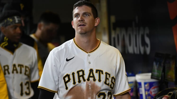 Apr 14, 2022; Pittsburgh, Pennsylvania, USA;  Pittsburgh Pirates player Kevin Newman (27) watches a replay against the Washington Nationals at PNC Park. Mandatory Credit: Philip G. Pavely-USA TODAY Sports