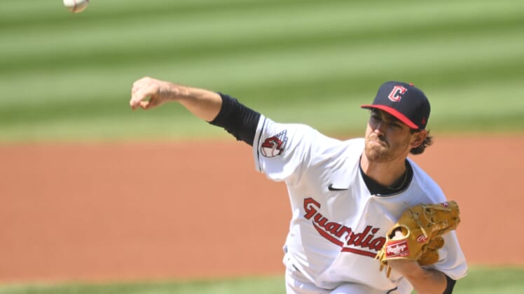Apr 20, 2022; Cleveland, Ohio, USA; Cleveland Guardians starting pitcher Shane Bieber (57) delivers a pitch in the first inning against the Chicago White Sox at Progressive Field. Mandatory Credit: David Richard-USA TODAY Sports