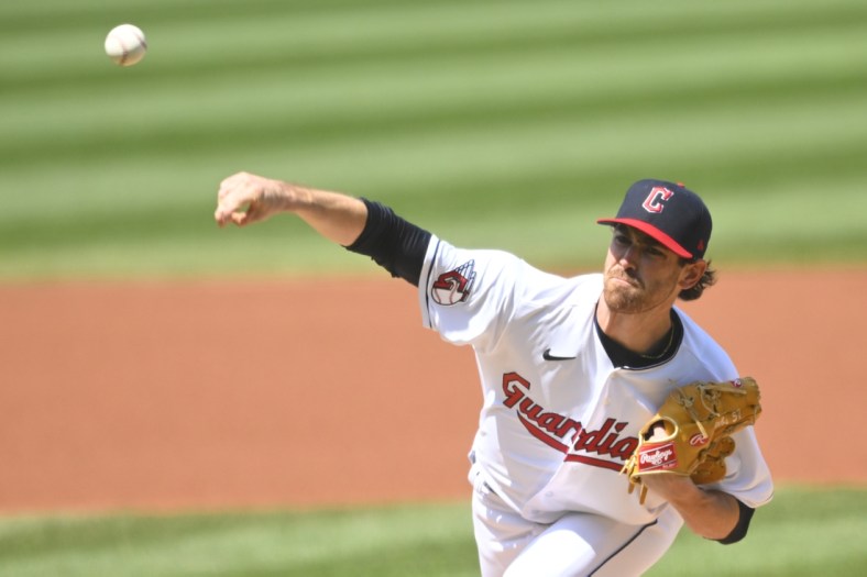 Apr 20, 2022; Cleveland, Ohio, USA; Cleveland Guardians starting pitcher Shane Bieber (57) delivers a pitch in the first inning against the Chicago White Sox at Progressive Field. Mandatory Credit: David Richard-USA TODAY Sports