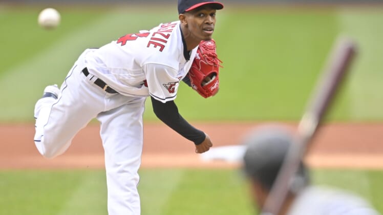 Apr 20, 2022; Cleveland, Ohio, USA; Cleveland Guardians starting pitcher Triston McKenzie (24) delivers a pitch in the first inning against the Chicago White Sox at Progressive Field. Mandatory Credit: David Richard-USA TODAY Sports