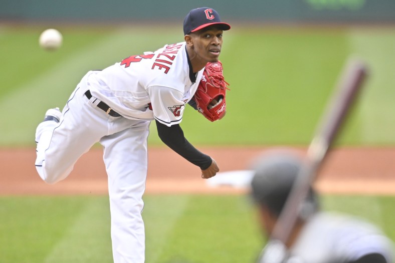 Apr 20, 2022; Cleveland, Ohio, USA; Cleveland Guardians starting pitcher Triston McKenzie (24) delivers a pitch in the first inning against the Chicago White Sox at Progressive Field. Mandatory Credit: David Richard-USA TODAY Sports
