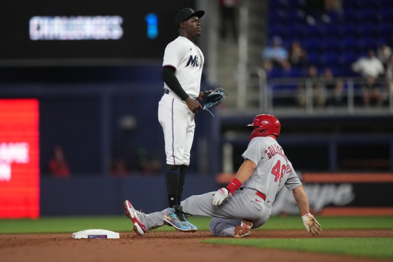 Apr 20, 2022; Miami, Florida, USA; St. Louis Cardinals first baseman Paul Goldschmidt (46) steals second base in front of Miami Marlins second baseman Jazz Chisholm Jr. (2) in the first inning at loanDepot park. Mandatory Credit: Jasen Vinlove-USA TODAY Sports