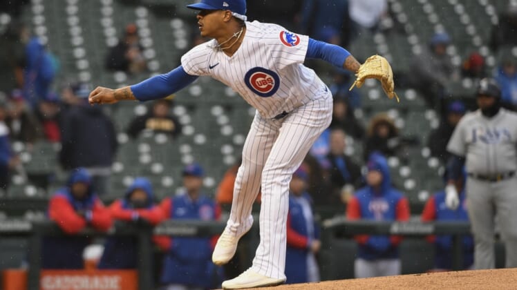 Apr 20, 2022; Chicago, Illinois, USA;  Chicago Cubs starting pitcher Marcus Stroman (0) delivers against the Tampa Bay Rays during the first inning at Wrigley Field. Mandatory Credit: Matt Marton-USA TODAY Sports