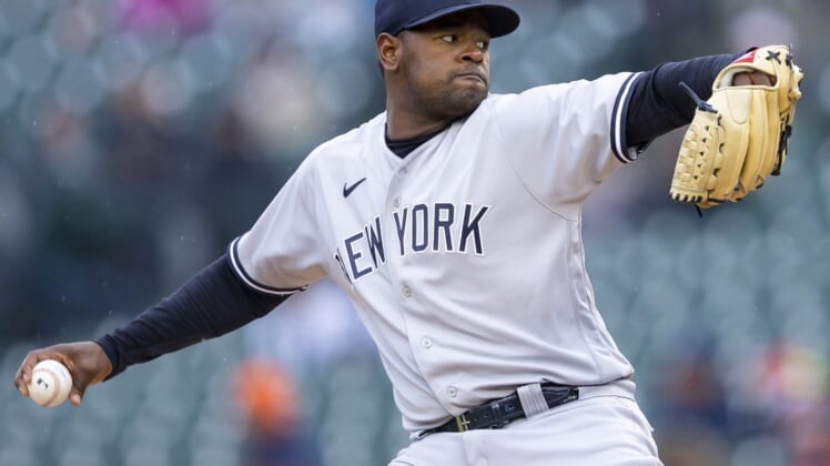 Apr 20, 2022; Detroit, Michigan, USA; New York Yankees starting pitcher Luis Severino (40) pitches during the first inning against the Detroit Tigers at Comerica Park. Mandatory Credit: Raj Mehta-USA TODAY Sports