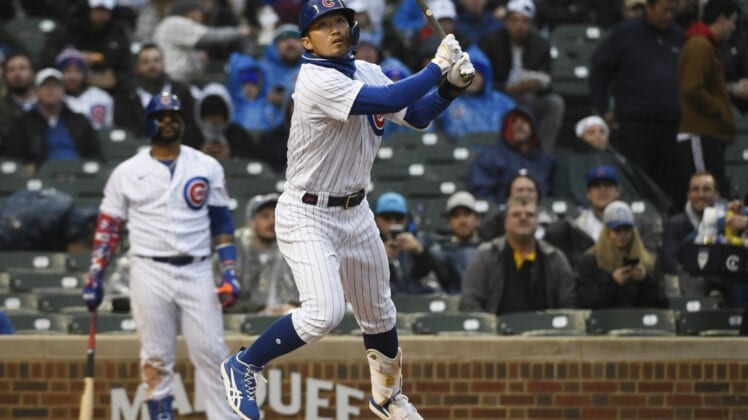 Apr 20, 2022; Chicago, Illinois, USA;  Chicago Cubs right fielder Seiya Suzuki (27) bats during the first inning against the Tampa Bay Rays at Wrigley Field. Mandatory Credit: Matt Marton-USA TODAY Sports