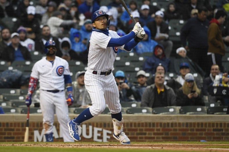 Apr 20, 2022; Chicago, Illinois, USA;  Chicago Cubs right fielder Seiya Suzuki (27) bats during the first inning against the Tampa Bay Rays at Wrigley Field. Mandatory Credit: Matt Marton-USA TODAY Sports