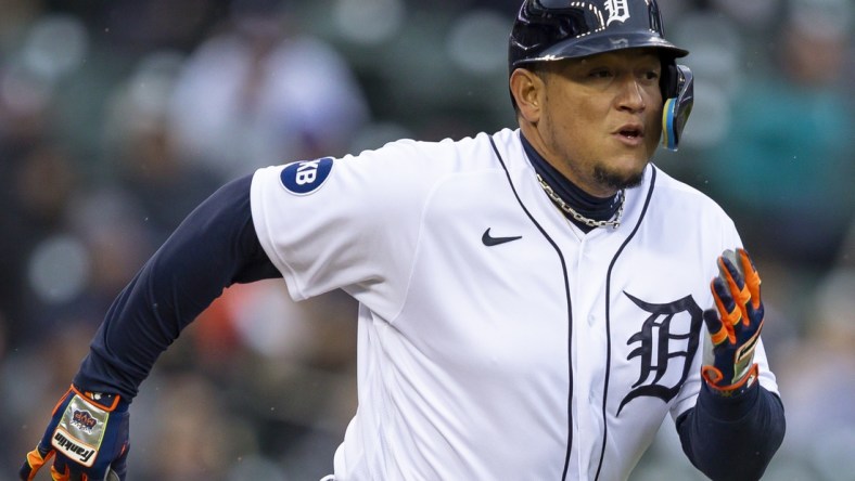 Apr 20, 2022; Detroit, Michigan, USA; Detroit Tigers designated hitter Miguel Cabrera (24) runs to first base during the second inning against the New York Yankees at Comerica Park. Mandatory Credit: Raj Mehta-USA TODAY Sports