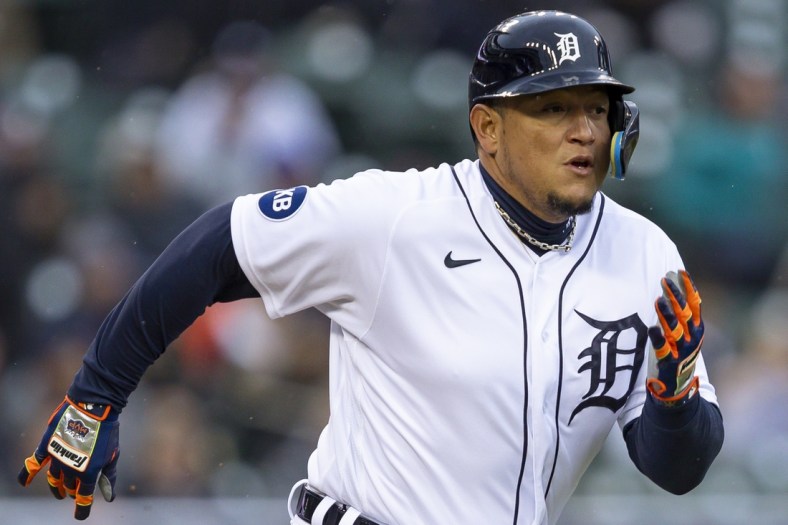 Apr 20, 2022; Detroit, Michigan, USA; Detroit Tigers designated hitter Miguel Cabrera (24) runs to first base during the second inning against the New York Yankees at Comerica Park. Mandatory Credit: Raj Mehta-USA TODAY Sports