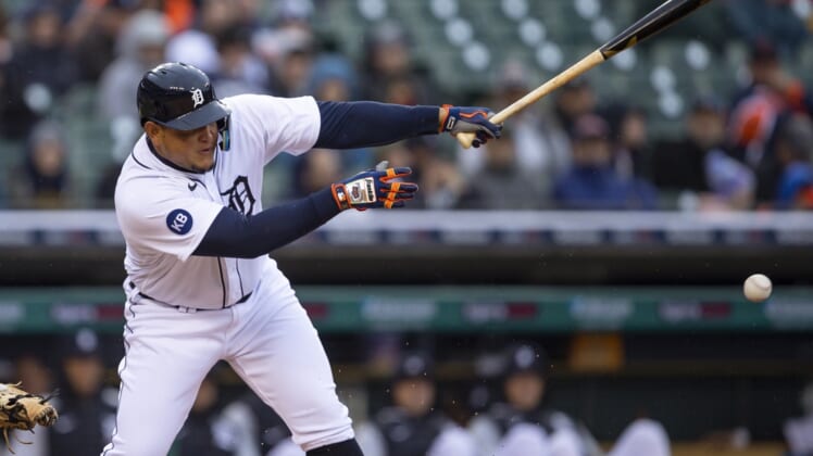 Apr 20, 2022; Detroit, Michigan, USA; Detroit Tigers designated hitter Miguel Cabrera (24) hits a single during the second inning against the New York Yankees at Comerica Park. Mandatory Credit: Raj Mehta-USA TODAY Sports