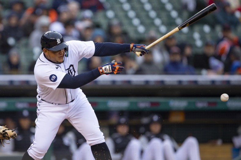 Apr 20, 2022; Detroit, Michigan, USA; Detroit Tigers designated hitter Miguel Cabrera (24) hits a single during the second inning against the New York Yankees at Comerica Park. Mandatory Credit: Raj Mehta-USA TODAY Sports