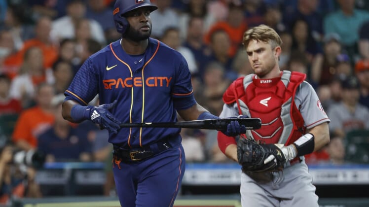 Apr 20, 2022; Houston, Texas, USA; Houston Astros designated hitter Yordan Alvarez (44) reacts after striking out during the second inning against the Los Angeles Angels at Minute Maid Park. Mandatory Credit: Troy Taormina-USA TODAY Sports