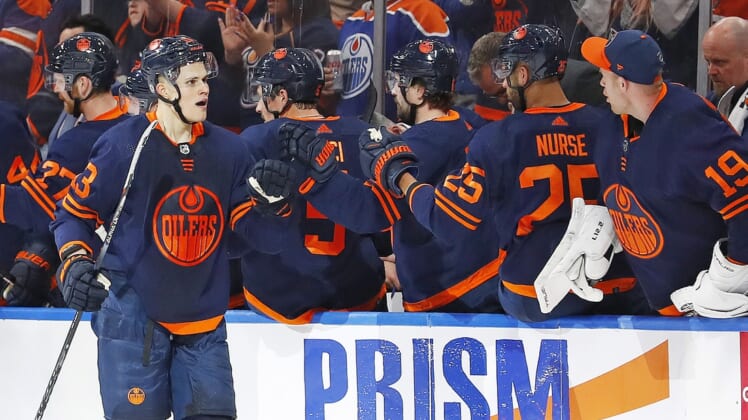 Apr 20, 2022; Edmonton, Alberta, CAN; The Edmonton Oilers celebrate a goal by forward Jesse Puljujarvi (13) during the second period against the Dallas Stars at Rogers Place. Mandatory Credit: Perry Nelson-USA TODAY Sports