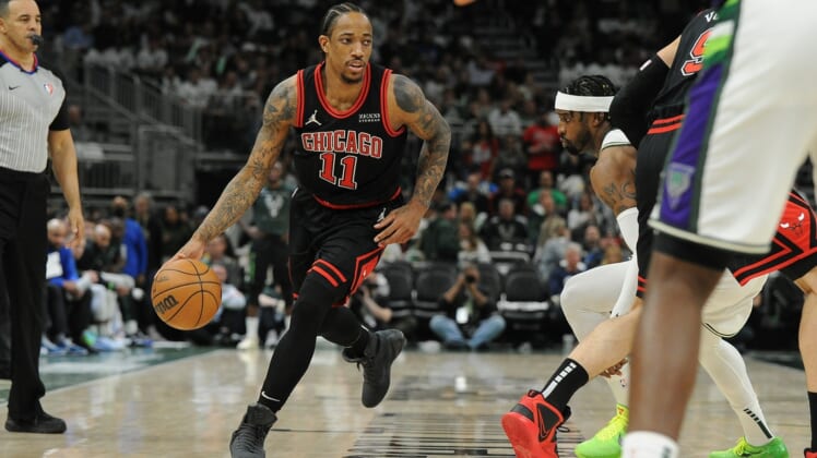 Apr 20, 2022; Milwaukee, Wisconsin, USA; Chicago Bulls forward DeMar DeRozan (11) drives to the basket in the second half against the Milwaukee Bucks during game two of the first round for the 2022 NBA playoffs at Fiserv Forum. Mandatory Credit: Michael McLoone-USA TODAY Sports