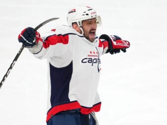 Apr 20, 2022; Las Vegas, Nevada, USA; Washington Capitals left wing Alex Ovechkin (8) celebrates after scoring his 50th goal of the season during the third period against the Vegas Golden Knights at T-Mobile Arena. Mandatory Credit: Stephen R. Sylvanie-USA TODAY Sports