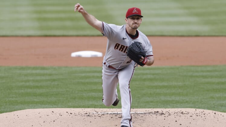 Apr 21, 2022; Washington, District of Columbia, USA; Arizona Diamondbacks starting pitcher Zach Davies (27) pitches against the Washington Nationals during the first inning at Nationals Park. Mandatory Credit: Geoff Burke-USA TODAY Sports