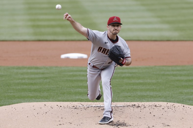 Apr 21, 2022; Washington, District of Columbia, USA; Arizona Diamondbacks starting pitcher Zach Davies (27) pitches against the Washington Nationals during the first inning at Nationals Park. Mandatory Credit: Geoff Burke-USA TODAY Sports