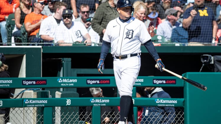 Detroit Tigers' Miguel Cabrera walks up before batting, and then being intentionally walked, vs. the New York Yankees during the eighth inning at Comerica Park on Thursday, April 21, 2022.