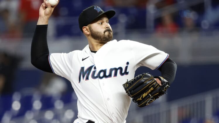 Apr 21, 2022; Miami, Florida, USA; Miami Marlins pitcher Pablo Lopez (49) throws during the first inning against the St. Louis Cardinals at loanDepot Park. Mandatory Credit: Rhona Wise-USA TODAY Sports