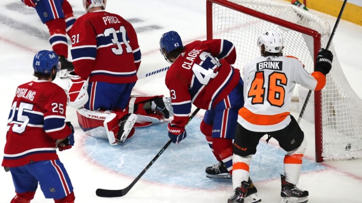 Apr 21, 2022; Montreal, Quebec, CAN; Philadelphia Flyers defenseman Ivan Provorov (not pictured) scores a goal against Montreal Canadiens goaltender Carey Price (31) during the first period at Bell Centre. Mandatory Credit: Jean-Yves Ahern-USA TODAY Sports