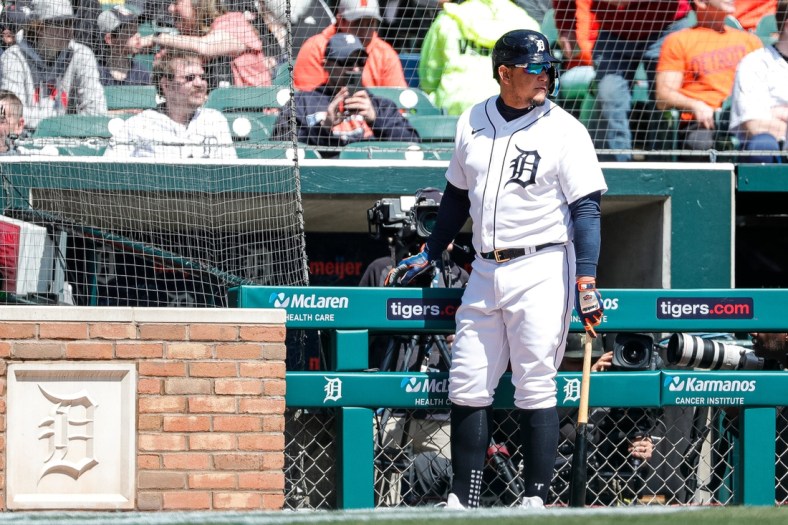 Detroit Tigers designated hitter Miguel Cabrera gets ready to bat against the New York Yankees during the first inning at Comerica Park on Thursday, April 21, 2022.