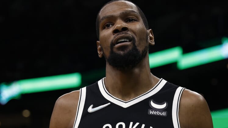Apr 20, 2022; Boston, Massachusetts, USA; Brooklyn Nets forward Kevin Durant (7) during the second quarter of game two of the first round of the 2022 NBA playoffs against the Boston Celtics at TD Garden. Mandatory Credit: Winslow Townson-USA TODAY Sports
