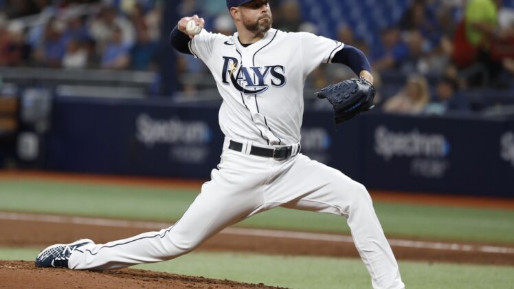 Apr 22, 2022; St. Petersburg, Florida, USA; Tampa Bay Rays starting pitcher Corey Kluber (28) throws a pitch during the third inning against the Boston Red Sox at Tropicana Field. Mandatory Credit: Kim Klement-USA TODAY Sports