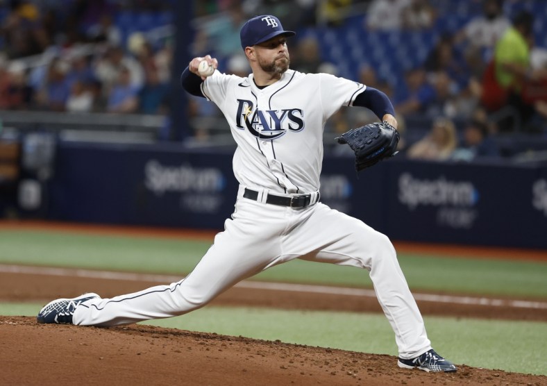 Apr 22, 2022; St. Petersburg, Florida, USA; Tampa Bay Rays starting pitcher Corey Kluber (28) throws a pitch during the third inning against the Boston Red Sox at Tropicana Field. Mandatory Credit: Kim Klement-USA TODAY Sports