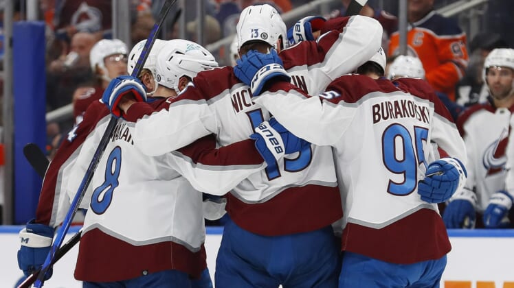 Apr 22, 2022; Edmonton, Alberta, CAN; The Colorado Avalanche celebrate a goal by Colorado Avalanche forward Valeri Nichushkin(13) during the second period against the Edmonton Oilers at Rogers Place. Mandatory Credit: Perry Nelson-USA TODAY Sports
