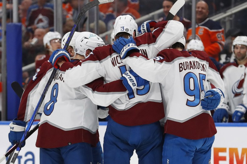 Apr 22, 2022; Edmonton, Alberta, CAN; The Colorado Avalanche celebrate a goal by Colorado Avalanche forward Valeri Nichushkin(13) during the second period against the Edmonton Oilers at Rogers Place. Mandatory Credit: Perry Nelson-USA TODAY Sports