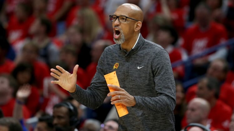 Apr 22, 2022; New Orleans, Louisiana, USA; Phoenix Suns head coach Monty Williams yells to his players in the first quarter of game three of the first round for the 2022 NBA playoffs at the Smoothie King Center against the New Orleans Pelicans. Mandatory Credit: Chuck Cook-USA TODAY Sports