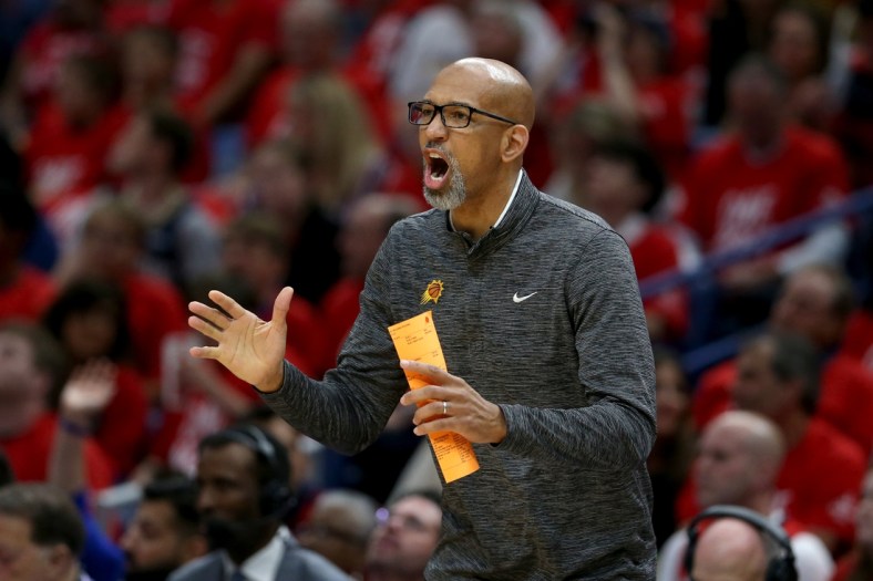Apr 22, 2022; New Orleans, Louisiana, USA; Phoenix Suns head coach Monty Williams yells to his players in the first quarter of game three of the first round for the 2022 NBA playoffs at the Smoothie King Center against the New Orleans Pelicans. Mandatory Credit: Chuck Cook-USA TODAY Sports