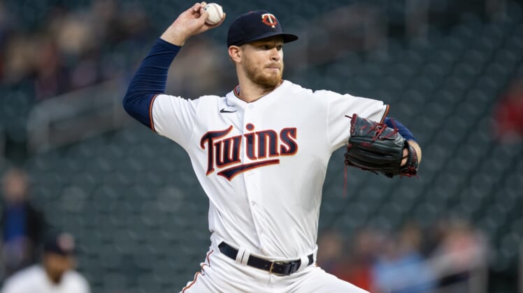Apr 22, 2022; Minneapolis, Minnesota, USA; Minnesota Twins starting pitcher Bailey Ober (16) delivers a pitch during the first inning against the Chicago White Sox at Target Field. Mandatory Credit: Jordan Johnson-USA TODAY Sports