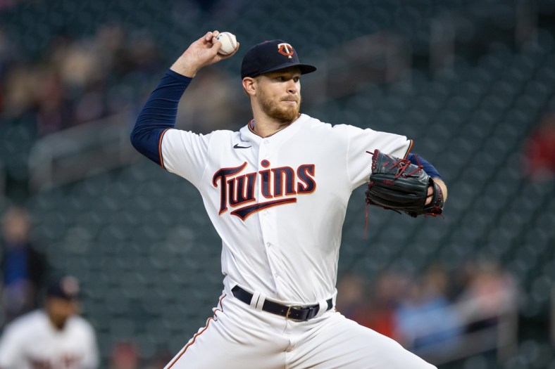 Apr 22, 2022; Minneapolis, Minnesota, USA; Minnesota Twins starting pitcher Bailey Ober (16) delivers a pitch during the first inning against the Chicago White Sox at Target Field. Mandatory Credit: Jordan Johnson-USA TODAY Sports